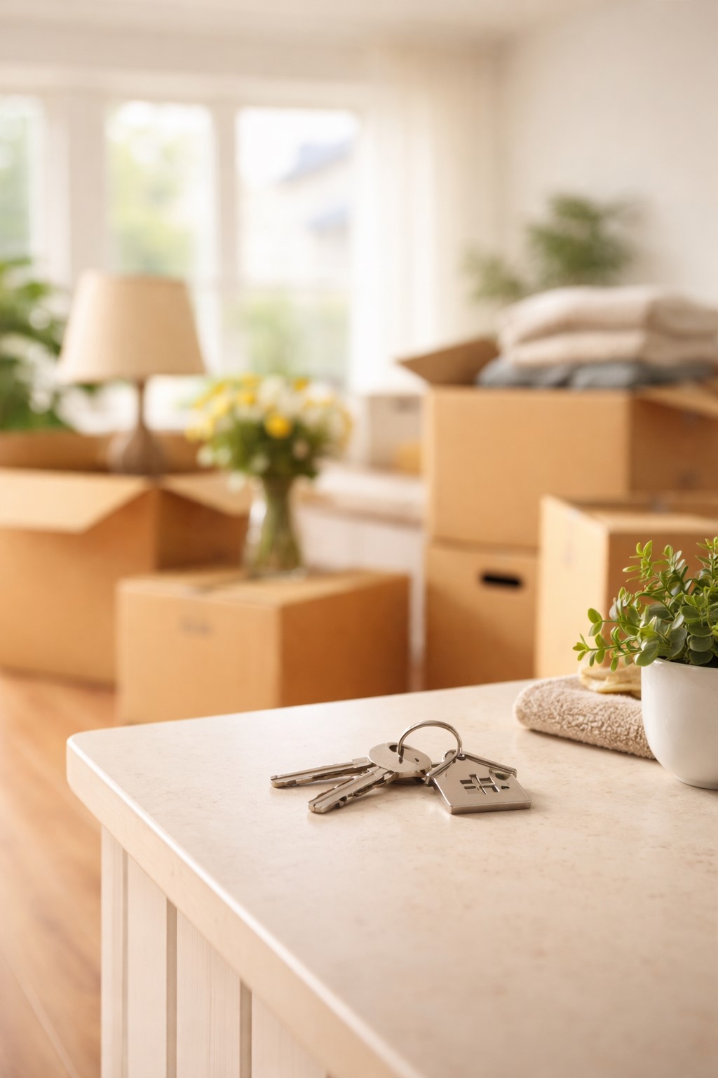 Keys on a counter with moving boxes in a bright new home